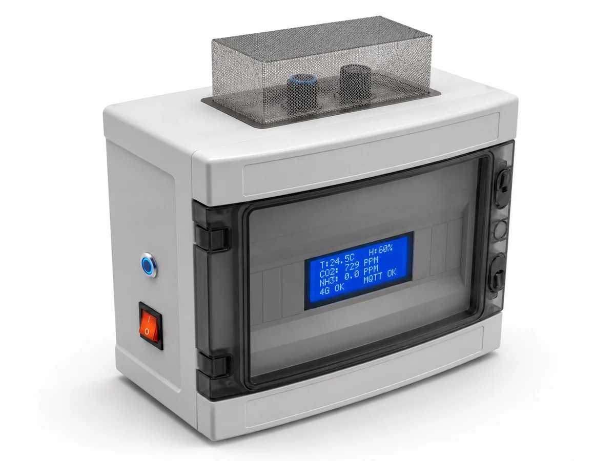 Vista del dispositivo físico CerdIoT con caja industrial, malla protectora superior y pantalla LCD frontal